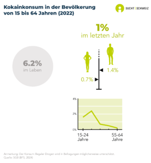 4.2% der Personen ab 15 Jahren haben in ihrem Leben bereits Kokain konsumiert. 0.7% haben es im letzten Jahr und 0.1% im letzten Monat genommen. Der Kokainkonsum im vergangenen Jahr kommt unter den 20- bis 34-Jährigen am häufigsten vor. Und er ist unter Männern (1.1%) stärker verbreitet als unter Frauen (0.3%) (Daten für 2016).